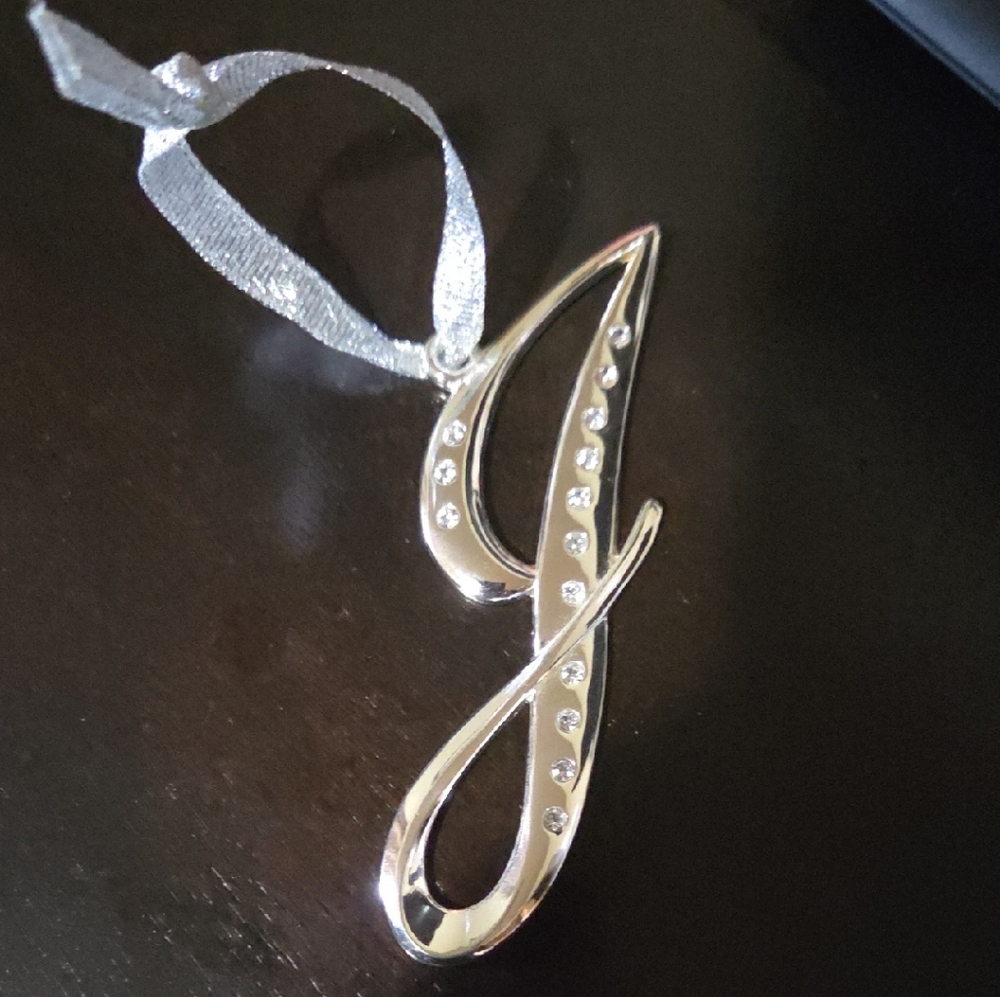 Silver Initial J Ornament with Ribbon